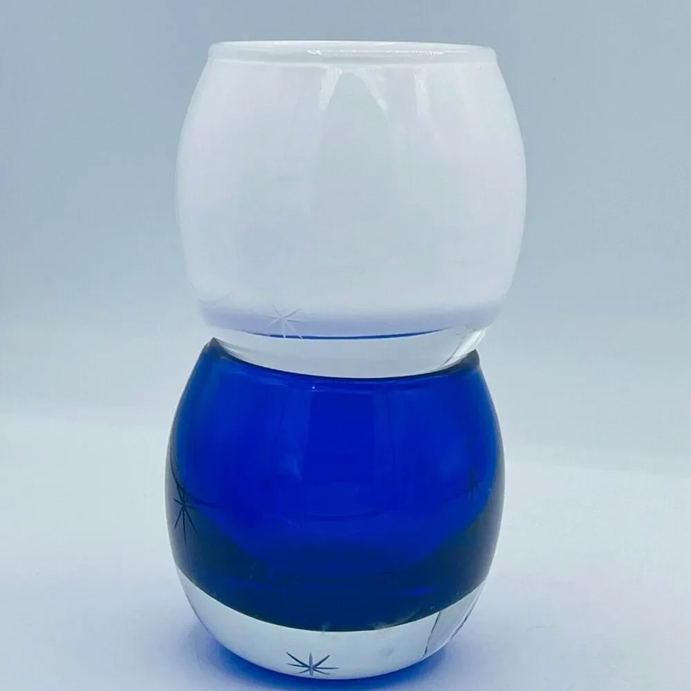 Crate & Barrel Cobalt Blue Starburst Votive Etched Star Glass Holder Poland